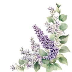 Watercolor botanical arrangement features clusters of purple and white blossoms with soft green foliage positioned in the lower right corner