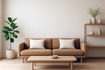 Brown sofa with white cushions and coffee table in a bright living room interior couch