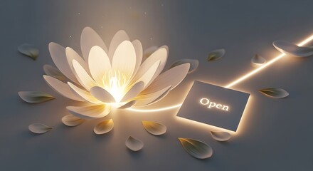 Stunning illuminated lotus flower unfolds with gentle petals and a glowing 'Open' card, symbolizing new beginnings, hope, and spiritual awakening for peaceful, mindful moments.