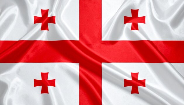 Georgian national flag with five red crosses waving on white field in high resolution.