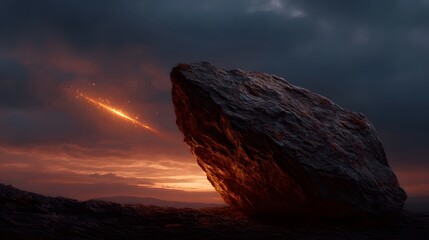 A large textured rock is dramatically lit by a fiery streak of light in the sky during a vibrant sunset with glowing particles