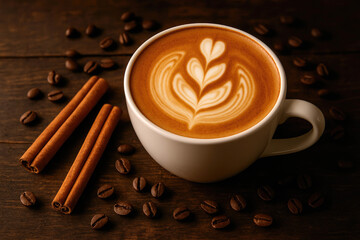 Close-up of Latte Art Coffee Cup with Cinnamon Sticks and Beans on Wood white
