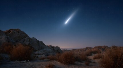 Fototapeta premium A shooting star streaks across a dark desert sky above rocky terrain at twilight