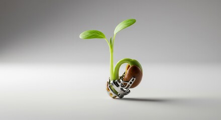 Young plant seedling emerges from a seed modified with metallic technological components