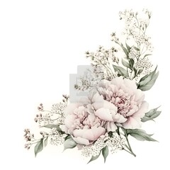 Delicate watercolor floral arrangement featuring pale pink peonies and small white blossoms clustered in a corner design