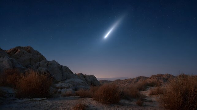 A shooting star streaks across a dark desert sky above rocky terrain at twilight