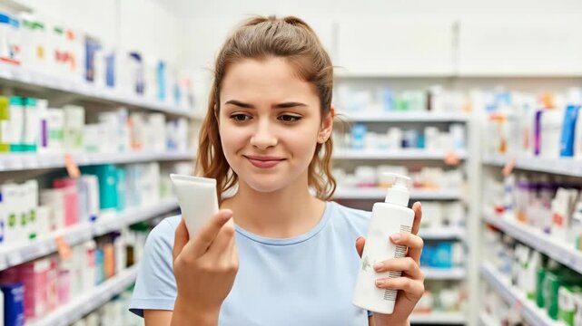 Young woman choosing skincare remedy for acne and skin problems in supermarket. Teenager comparing cosmetic products for clear skin footage.