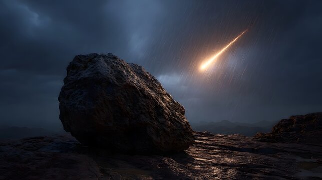 A dramatic meteor streaks across a stormy twilight sky over a rocky landscape with rain falling