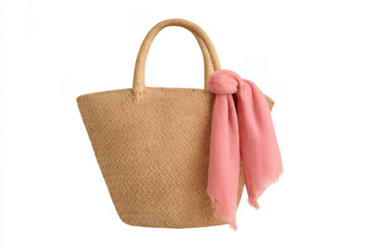 Straw tote bag with pink scarf on transparency