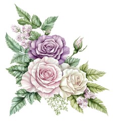 Watercolor floral arrangement features lavender, pink, and cream roses nestled among lush green foliage.