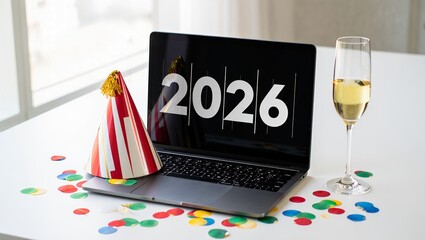 Minimalist Workspace Celebration 2026 – Laptop with Party Hat, Confetti, and Champagne Glass
