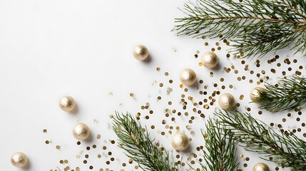 Overhead shot of golden baubles, confetti, and pine sprigs isolated on white background