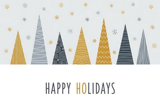 Stylized evergreen trees with holiday greetings on a neutral background