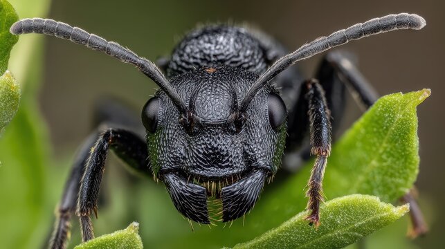 Extreme close up macro photograph of a black ant's head with detailed antennae and segmented eyes