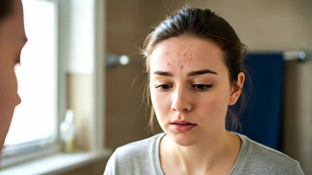A young woman looks at her face in mirror, concerned about pimples on her forehead. Teenage skin problem and dermatology concept footage.