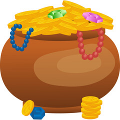 Brown Clay Pot Overflowing With Golden Coins and Colorful Gemstones and Jewelry Set Against a White...