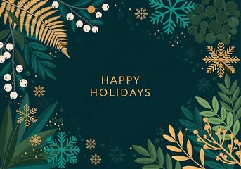 Festive winter botanicals and snowflakes create a happy holiday atmosphere