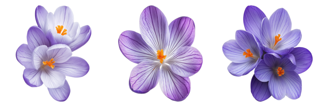 Three delicate purple crocus flowers in full bloom, showcasing their vibrant colors and intricate details