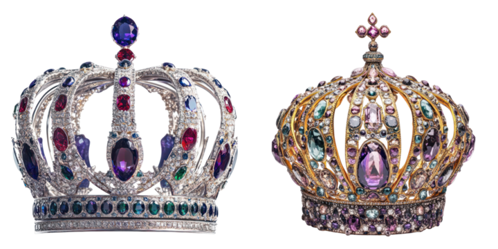 Two ornate crowns, one silver and one gold, exquisitely detailed with jewels and precious stones, representing royalty and power.