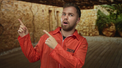 Fototapeta premium Man prisoner in orange jumpsuit points finger to ceiling in building stone empty room; playful defiance resilience.