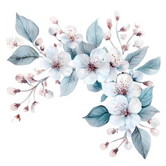 Delicate white blossoms and muted blue-green foliage form a graceful corner arrangement against a white backdrop