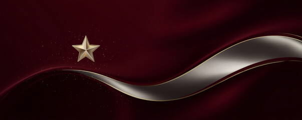 Elegant Christmas design featuring a gold star on a dark burgundy background with a silver wave for festive celebrations
