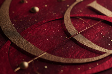 Festive card design featuring deep crimson background with abstract gold ornaments and integrated sale letters for a seasonal promotion