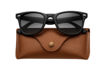 Black classic sunglasses resting on brown leather case