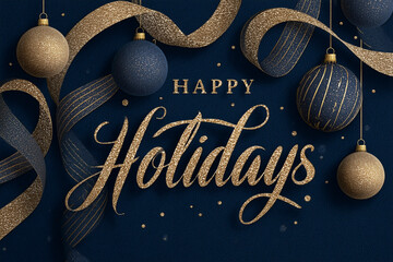 Festive holiday card design featuring navy background with golden ribbons and ornaments for seasonal celebration