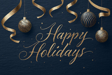 Festive card featuring golden ornaments and ribbons on deep navy background for holiday celebrations