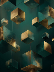 Floating geometric cubes in metallic gold against deep forest green for new year celebration