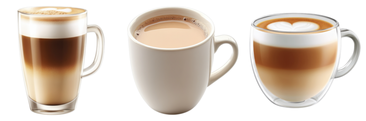 Three coffee mugs filled with delicious and creamy drinks with various latte art