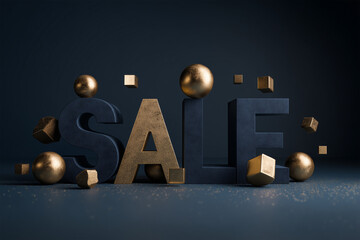 New Year postcard design featuring navy background with gold abstract cubes and spheres floating in festive arrangement