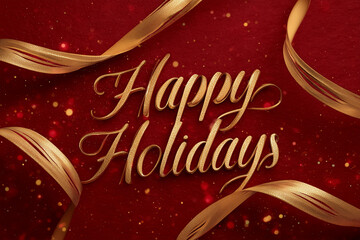 Happy Holidays greeting on a deep crimson background with abstract golden ribbons for New Year celebrations