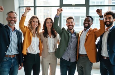Obraz premium Six diverse business professionals stand together in modern office, smiling, raising fists in celebration. Represent teamwork, success, achievement in corporate environment. Image conveys confidence,