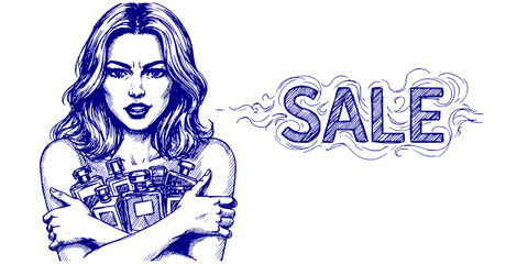 Woman holding perfume bottles with sale promotion illustration  