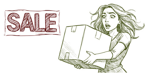 Woman excitedly holding a box during a sale event  