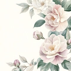 Soft watercolor flowers and leaves frame the corner of a pale background