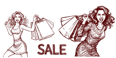 Women shopping and celebrating sale with shopping bags in hand  