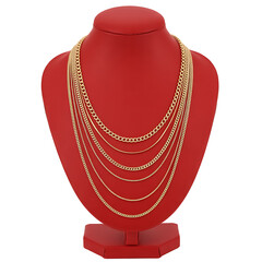 Display mannequin showing several golden necklaces layered elegantly on red bust with multiple chains against isolated background