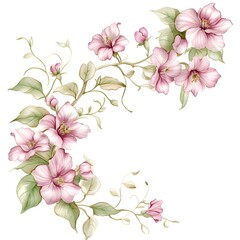Delicate pink blossoms and trailing green foliage adorn two corners of a white background.