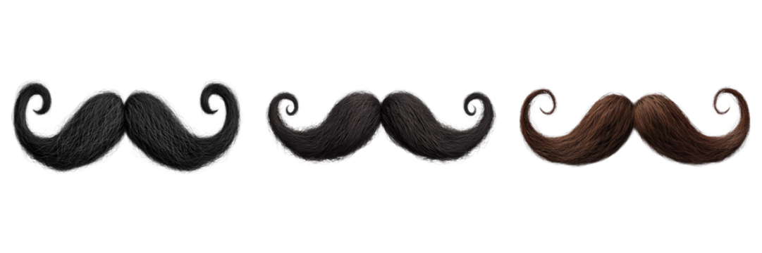 Various styles of mustache arranged horizontally, presenting different colors and designs