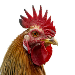 Close up view of rooster head showing comb and wattle with eye looking directly into camera with brown feathers around neck