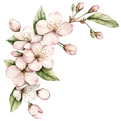 Delicate cluster of pale pink blossoms and green foliage arranged diagonally on a white background