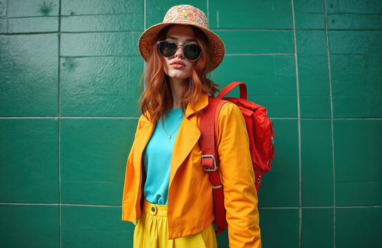 Young woman with red hair wears bucket hat, sunglasses. She has orange jacket, blue shirt, yellow pants, red backpack. She stands against green tiled wall, posing confidently for street style shot.