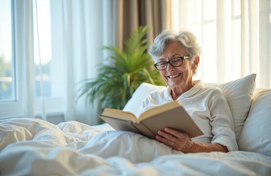Happy smiling senior woman reads book in bed. Elderly female with glasses enjoys literature resting in bright bedroom. Mature lady relaxes with novel in cozy comfortable home.