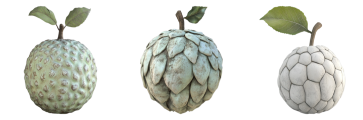 Three unique Custard Apples: Each fruit exhibits a distinct texture and appearance, presenting a diverse selection of the delectable fruit