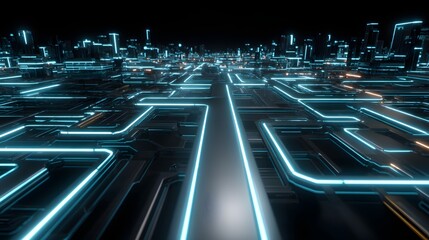 Illuminated digital pathways extend across a futuristic cityscape in deep shadow