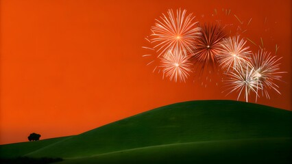 Fireworks Over Green Hill at Sunset: Festive Night Sky Above Rolling Landscape