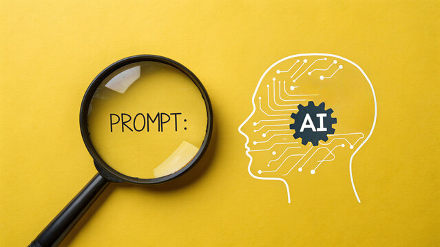 Artificial intelligence prompt concept with magnifying glass and brain outline. Idea generation, creativity, and innovation design background.